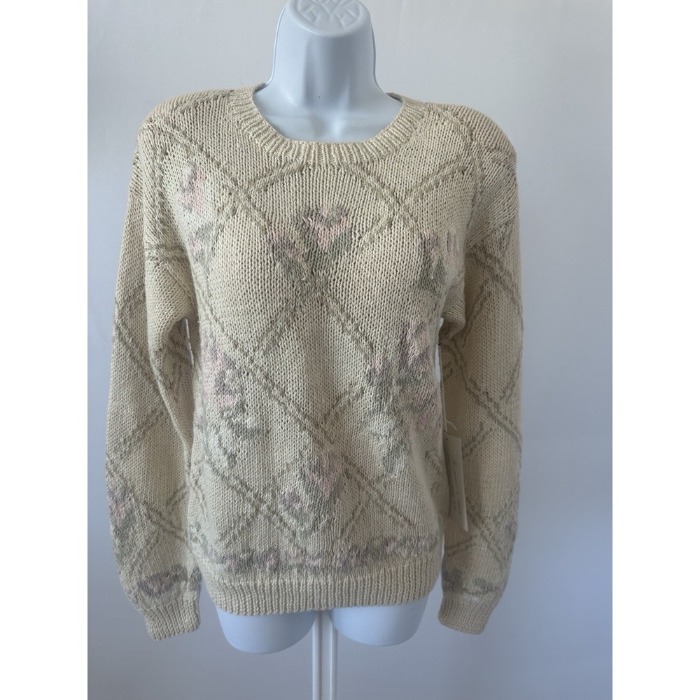 NWT Hand Knitted VTG RGA Ivory Pastel Sweater, Sz: S 80s 90s (b8)